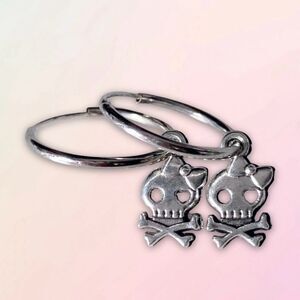 Skull, Crossbones & Bow, Simple Silver Mini Charm, Hoop Earrings